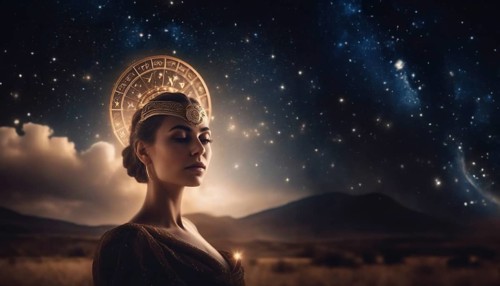 Young woman astrologer, tarot reader with hair and green eyes against the background of the starry