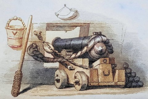 Cannon with cannonballs, c. 1810, Illustration from England's Battles at Sea and on Land by