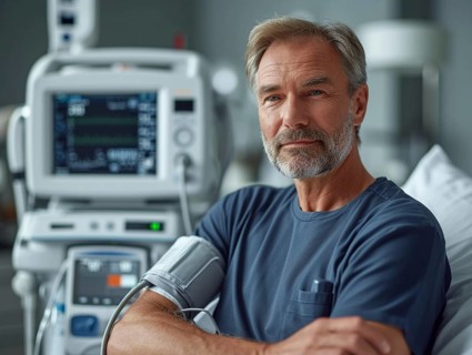 A man checks his blood pressure with a measuring device. Avoidance of bulk hypertension, scarcity,