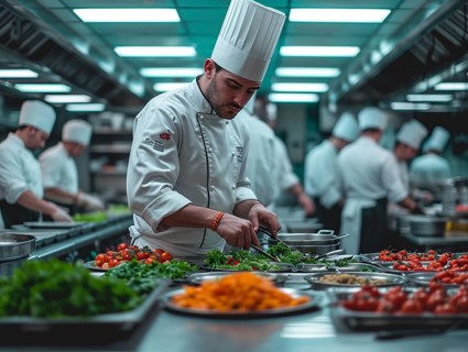 Chefs in a commercial kitchen at work, AI generated