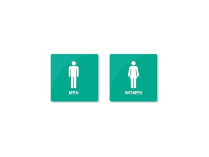 Gender icons representing men and women on teal backgrounds for restroom signs