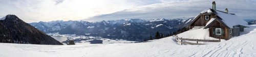 Winter mood, snow-covered landscape, snow-covered alpine peaks, view from the Schafbergalm to Lake