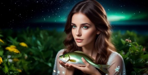 Young woman Pisces according to the zodiac sign with brown hair and blue eyes with a fish in her
