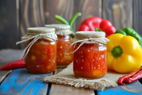 Preserving jars with red pepper jam on a burlap base and rustic wooden background, AI generated, AI
