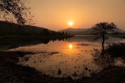 Sunset, Maddigedda Reservoir, reservoir near Addateegala, Andhra Pradesh, India, Asia