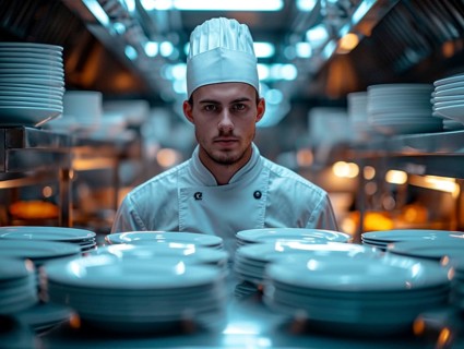 Chefs in a commercial kitchen at work, AI generated
