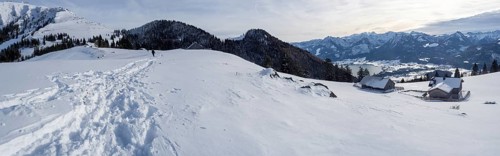 Winter mood, snow-covered landscape, snow-covered alpine peaks, view from the Schafbergalm to Lake