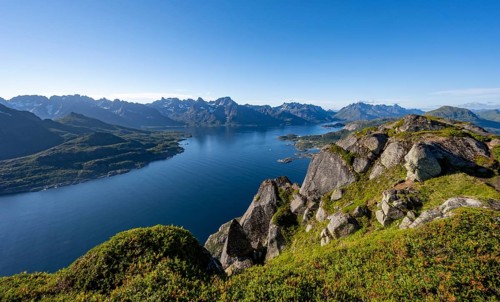 View of Fjord Raftsund and mountains, view from the top of Dronningsvarden or Stortinden,