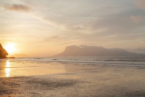 Bako national park, sea sandy beach, overcast, cloudy sunset, sky and sea, low tide. Vacation,