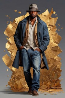 A 40s stylish african american man with a hat standing confidently in front of an exploding golden