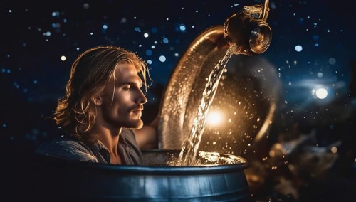 Young man Aquarius according to the zodiac sign with blond hair and blue eyes against the