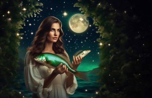 Young woman Pisces according to the zodiac sign with brown hair and blue eyes with a fish in her