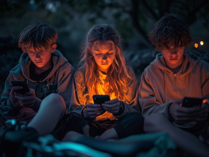 Several young people look bored at their cell phones, neglect social contacts, sport, reading, AI