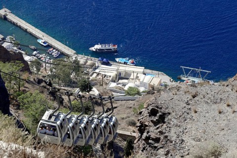 Fira, Santorini Island, Greece Panoramic view, with cable car cabins from the old harbour