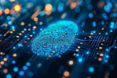 A digital fingerprint on a glowing blue circuit represents biometrics and data security, cyber