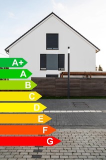 New construction of a single-family house, graphic with energy efficiency classes for buildings