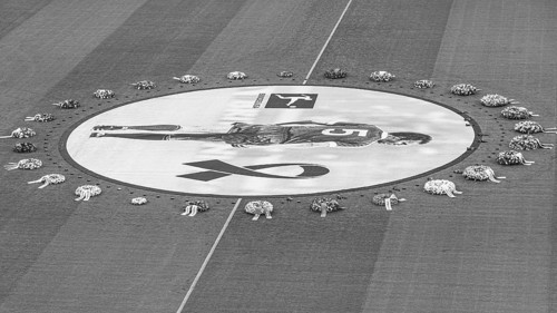 Banner with Franz Beckenbauer and wreaths of flowers, funeral service of FC Bayern Munich for Franz