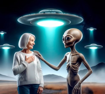 Science fiction, space travel, an alien alien greets a human woman, UFO landing in the back, flying