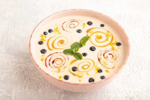 Yoghurt with bilberry and caramel in ceramic bowl on gray concrete background. side view, close up