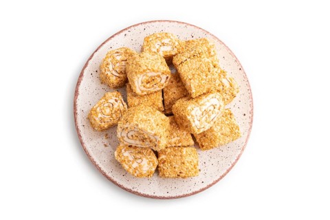 Traditional turkish delight (rahat lokum) isolated on white background. top view, flat lay, close