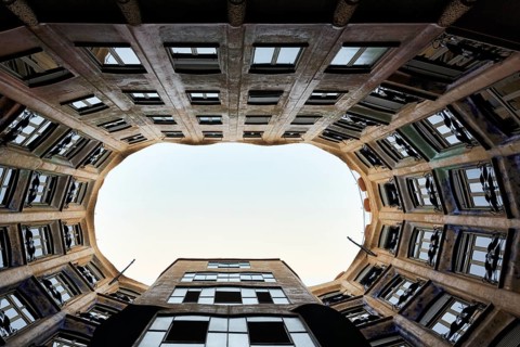 Museum, cultural centre, Casa Mila, Casa Mila, facade in the inner courtyard, view upwards,
