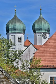 Onion domes of the monastery church St.Lambert in Seeon monastery, former Benedictine monastery,
