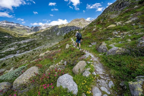 Mountaineers on a hiking trail in front of a picturesque mountain landscape, rocky mountain peaks
