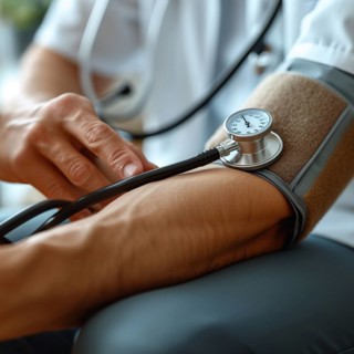 A man checks his blood pressure with a measuring device. Avoidance of bulk hypertension, scarcity,