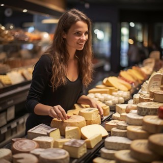 Young woman shopping in supermarket, at the cheese counter, meat counter, fruit stand, bakery, fish