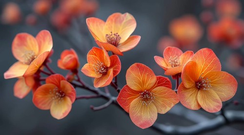 A branch of Vivid Berberis thunbergii orange-red flowers against a soft-focused background, AI