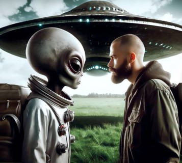 Science fiction, space travel, encounter of an extraterrestrial alien with a human, a UFO lands