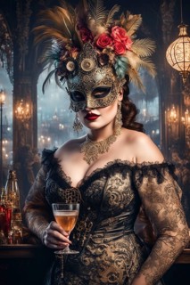 Portrait vibrant curvy woman wear carnival mask, antique lace costume in misty venetian cityscape