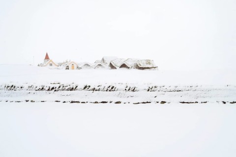 Grass sod houses, peat farm or peat museum Glaumbaer or Glaumbaer in winter, Skagafjoerour,