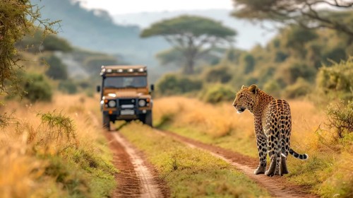 Leopard (Panthera pardus) in natural environment with Jeep, Landrover, AI generated