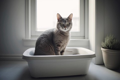 Cat using cat litter box. KI generiert, generiert AI generated