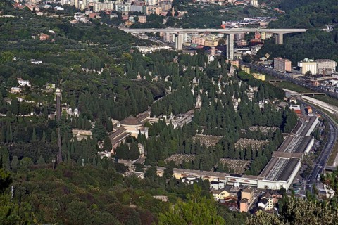 View from Granarolo to the Staglieno Monumental Cemetery, Italian Cimitero monumentale di