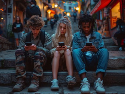 Several young people look bored at their cell phones, neglect social contacts, sport, reading, AI