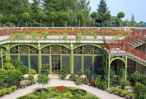 Historic Orangery, Great Orangery Hall, tiered gardens with wrought-iron decorations on windows,