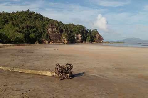 Bako national park, sea sandy beach, sunny day, blue sky and sea. Vacation, travel, tropics