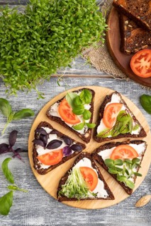 Grain rye bread sandwiches with cream cheese, tomatoes and cilantro microgreen on gray wooden