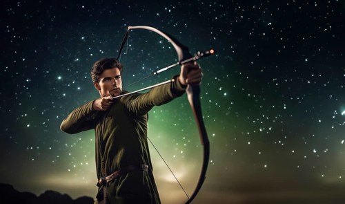 Young man Sagittarius according to the zodiac sign with a bow in his hands with dark hair and green