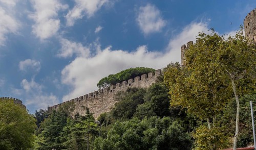 Wall of castle ruins behind treeline against blue partly cloudy sky in Istanbul, Tuerkiye