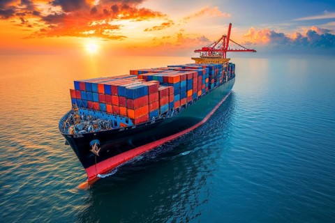 A large cargo ship loaded with containers sails in the sunset on the sea, colourful sky in the
