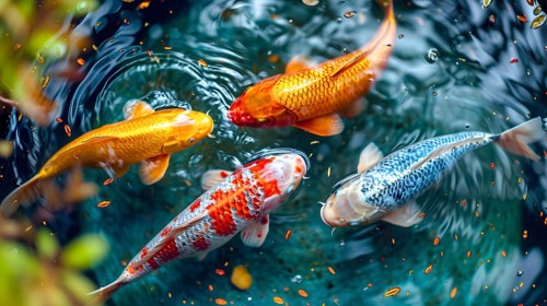 Four colourful koi carp swim in a small pool with clear water, KI generated, AI generated