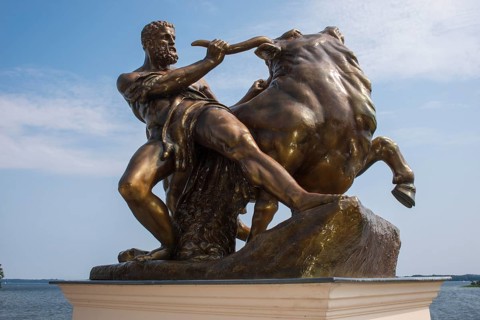 Bronzed cast zinc sculpture, statue, Heracles, taming the Cretan bull, artist: August Kriesmann,