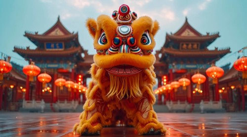 A lion dance costume in a pagoda courtyard surrounded by red lanterns to celebrate the chinese new