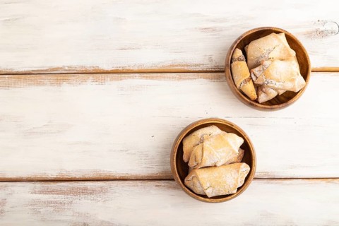 Homemade sweet cookie with apple jam on white wooden background. top view, flat lay, copy space