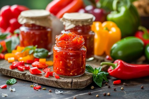 Homemade paprika jam in a jar on a rustic wooden board with fresh herbs, KI generated, AI generated