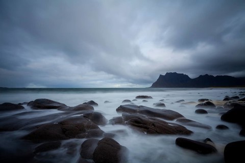 Uttakleiv beach Lofoten. Long exposure of the bay