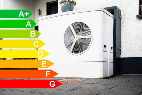 Heat pump in the front garden of a terraced house, diagram with energy efficiency classes for